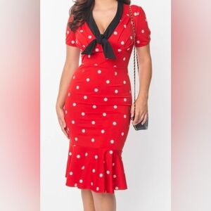 Unique Vintage Red & White Polka Dot Neck Tie Wiggle Dress